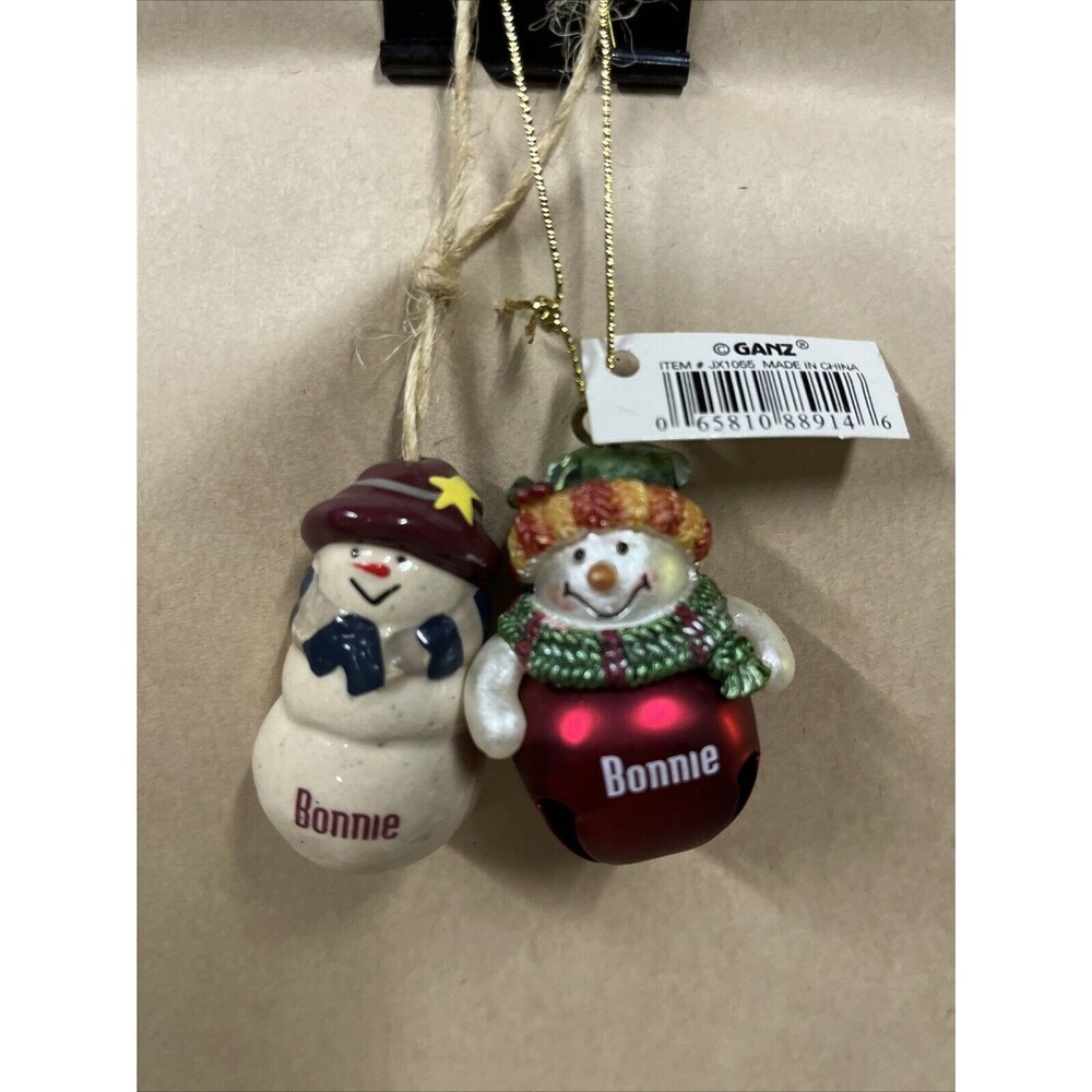 2 Christmas Ganz 1.75" Snowman Personalized Ceramic & Bell‎ Ornament “Bonnie”